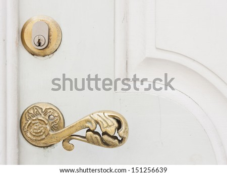 Closeup of a golden door handle on white door