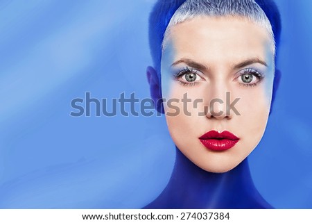 Fashion portrait of beautiful women under blue plastic. Make-up face-art cosmetics