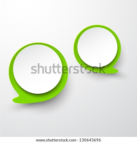 Vector abstract illustration of white and green paper round speech bubbles on grey background. Eps10.