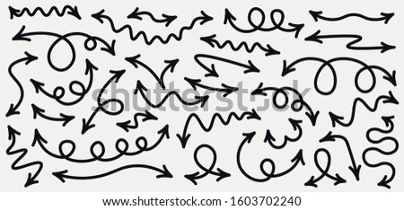 Set of grey curved doodle arrows isolated on white background. Vector cartoon signs.