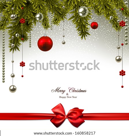 Christmas background with fir twigs and red balls. Vector illustration. 