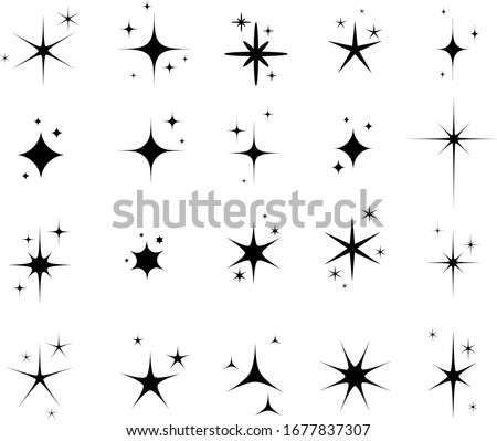 Set of isolated monochrome vector signs. Black sparkling stars, decoration twinkle.