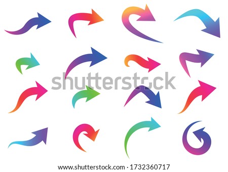 Set of thick curved and rounded isolated arrows on white background. Blue, pink, purple, orange, red, green gradient colors. Vector design element.
