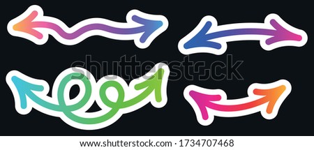 Four paper bidirectional gradient arrows. Multicolored arrows of different shapes with white outline on black background. Vector illustration.