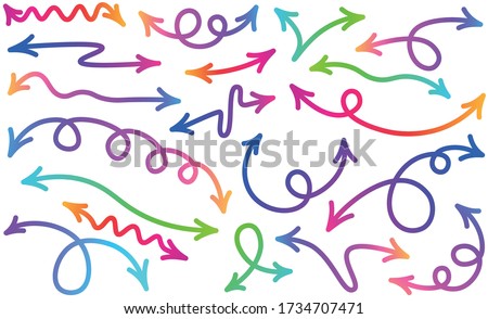 Collection of bright bidirectional arrows. Gradient multicolored arrows on white background. Vector cartoon illustration.