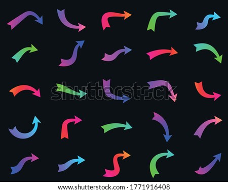 Set of thick isolated multicolored arrows. Gradient arrows of different shapes on black background. Vector illustration.
