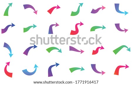 Set of different isolated multicolored arrows. Gradient arrows of different shapes on white background. Vector illustration.