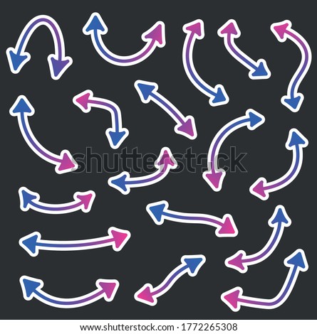 Set of paper double sided isolated arrows. Blue and purple gradient arrows of different shapes with white outline on black background. Vector illustration.