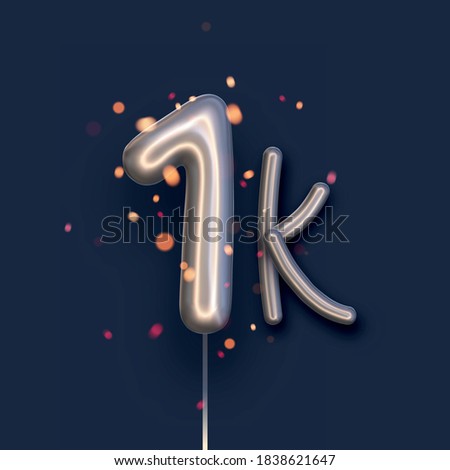 Silver balloon 1k sign on dark blue background. One thousand followers, likes, subscribers. Vector illustration.