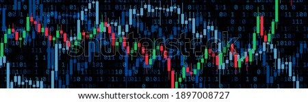 Abstract candlestick graphics binary code background. Business, IT analytics. Banner. Vector illustration.