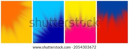 Set of abstract halftone colorful explosion rays backgrounds. Vector pop art illustration.