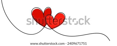 Two red hearts continuous wavy line art drawing on white background. Happy Valentine's day header or banner or letter template. Vector illustration