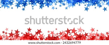 A widescreen banner featuring a dense cluster of red and blue stars forming a celebratory border against a white backdrop