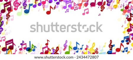 A vibrant array of musical notes in multiple colors scattered around the edges of a white background, perfect for themed designs and decorations.