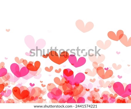 Dense cluster of hearts at the bottom transitioning to a sparse distribution towards the top, in hues ranging from vibrant red to soft pink. Vector illustration
