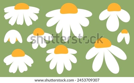 Whimsical white daisies with orange centers float on an olive green background, offering a playful and natural vibe.