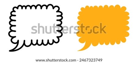 A set of two speech bubbles with wavy edges, one in a black outline and the other filled in orange. Ideal for creative projects, communication graphics, and design elements.