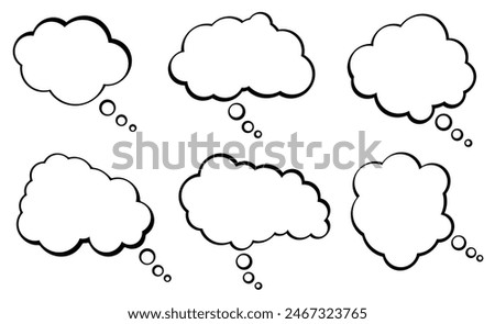 A collection of blank thought bubbles in different cloud shapes, ideal for adding custom thoughts or messages. Perfect for creative projects and communication designs.