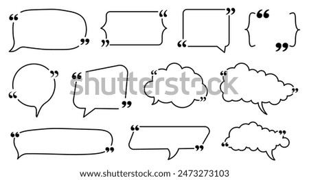 A set of stylish speech bubbles with quotation marks in various shapes. Perfect for quotes, dialogues, and text highlights in design projects. Includes rounded decorative designs.