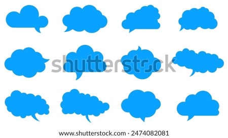 A collection of twelve blue cloud-shaped speech bubbles in various styles and sizes. Ideal for communication design, social media graphics, and creative projects.