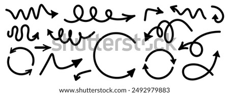 A diverse set of curly, spiral, and looped arrows in various styles. Ideal for creative and design projects. Vector illustration.