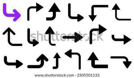 Vector illustration of bold arrows with curved and right-angle turns, featuring black and purple color styles.