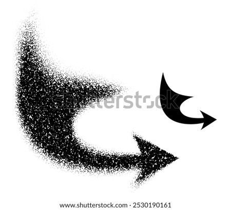 A twisting right arrow transitioning from scattered dots to a solid black shape, symbolizing dynamic movement and direction. Vector illustration.