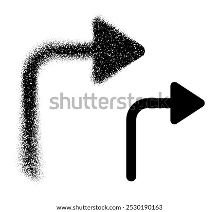 A right-turn arrow transitioning from scattered dots to a solid black line, symbolizing direction and movement. Vector illustration.