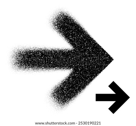 A thick right-pointing arrow created in both scattered dot art and solid black styles, symbolizing direction. Vector illustration.