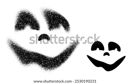 A mischievous skull face with a playful grin and raised eyebrows, created in both dot art and solid styles. Vector illustration.