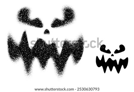 A fierce pumpkin face design with sharp features, created in both scattered dots and solid black. Vector illustration.