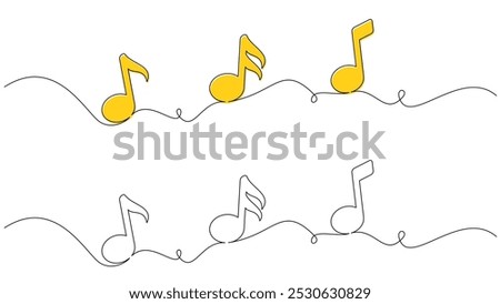 Yellow music notes drawn in a continuous line art style. Vector illustration for creative, musical-themed designs.