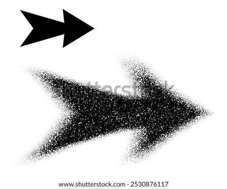 A bold right-pointing arrow transitioning from a solid shape to scattered dots, symbolizing movement and direction. Vector illustration.