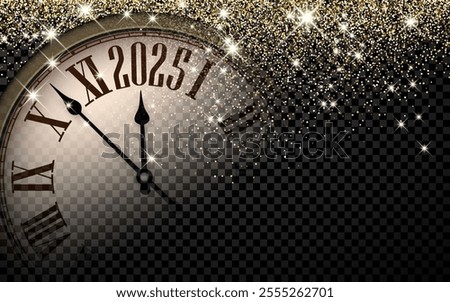 Elegant close-up of a clock showing 2025, surrounded by golden glitter and sparkling stars. A festive and timeless design for New Year's celebrations.