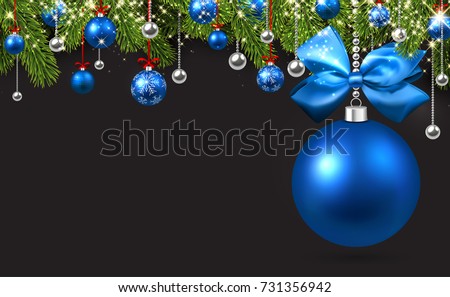 New Year Background With Spruce Branches And Blue Christmas Balls Vector Illustration
