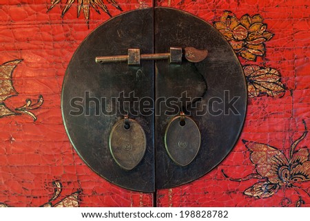 Bronze latch of old storage cabinet with chinese traditional painting