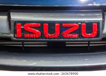 NONTABURI, THAILAND - 2 DEC : Red Isuzu brand logo on black on front panel of car, showed in 31th Thailand International Motor Expo on 2 December 2014