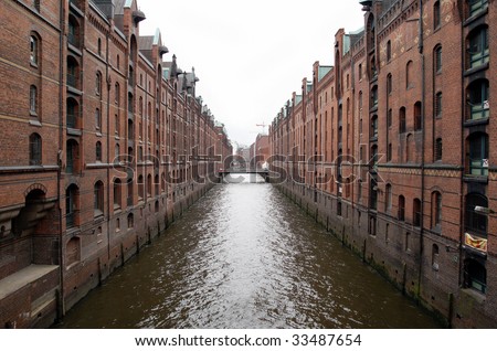 View at \'Hamburger Speicherstadt\', a historic part of the city for storing goods near the harbour,