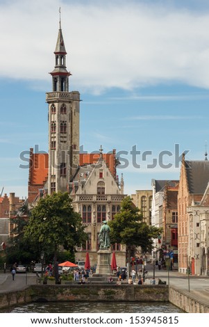 BRUGES, BELGIUM - SEPTEMBER 7: View to the lively Jan van Eyckplein Square, some hundred years ago being the Manhattan of the then richest city in Northern Europe. September 7, 2013 in Bruges, Belgium