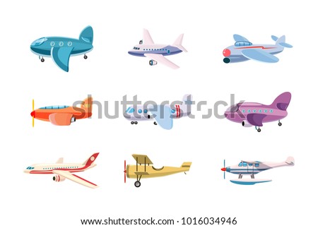 Airplane icon set. Cartoon set of airplane vector icons for web design isolated on white background