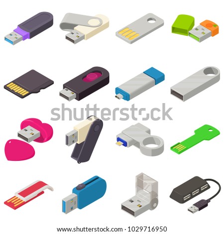 USB flash drive icons set. Isometric illustration of 16 USB flash drive vector icons for web