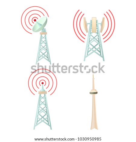 Tele communication tower icon set. Cartoon set of tele communication tower vector icons for web design isolated on white background