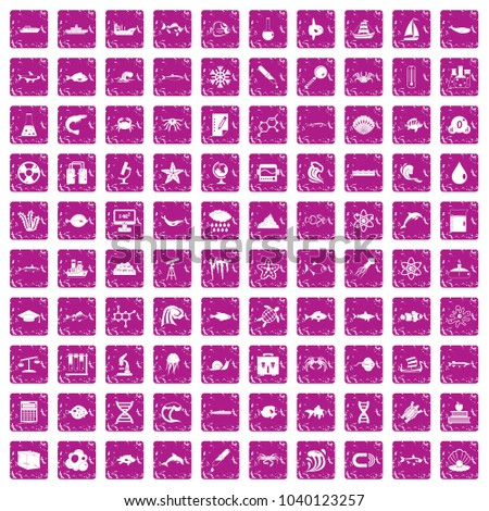 100 oceanology icons set in grunge style pink color isolated on white background vector illustration