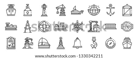 Marine port icons set. Outline set of marine port vector icons for web design isolated on white background