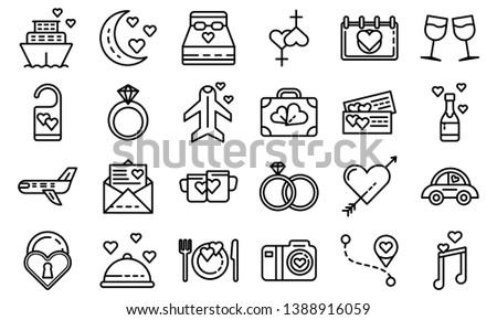 Honeymoon icons set. Outline set of honeymoon vector icons for web design isolated on white background