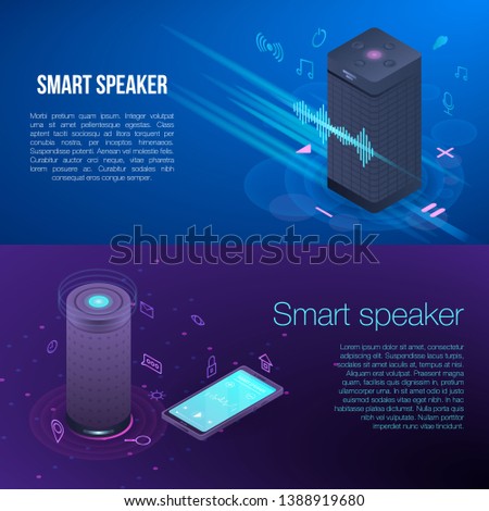 Modern smart speaker banner set. Isometric set of modern smart speaker vector banner for web design