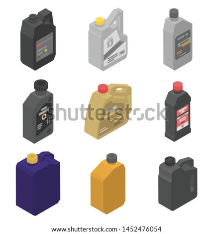 Motor oil icons set. Isometric set of motor oil vector icons for web design isolated on white background