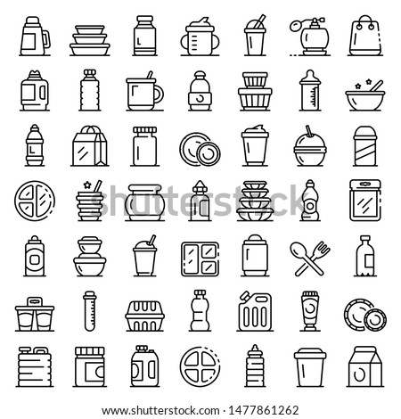 Plastic tableware icons set. Outline set of plastic tableware vector icons for web design isolated on white background