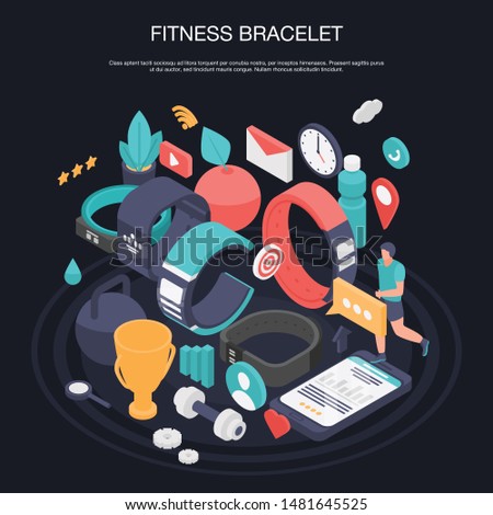 Smart fitness bracelet concept banner. Isometric illustration of smart fitness bracelet vector concept banner for web design