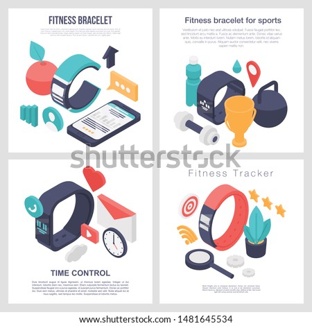 Fitness bracelet accessory banner set. Isometric set of fitness bracelet accessory vector banner for web design